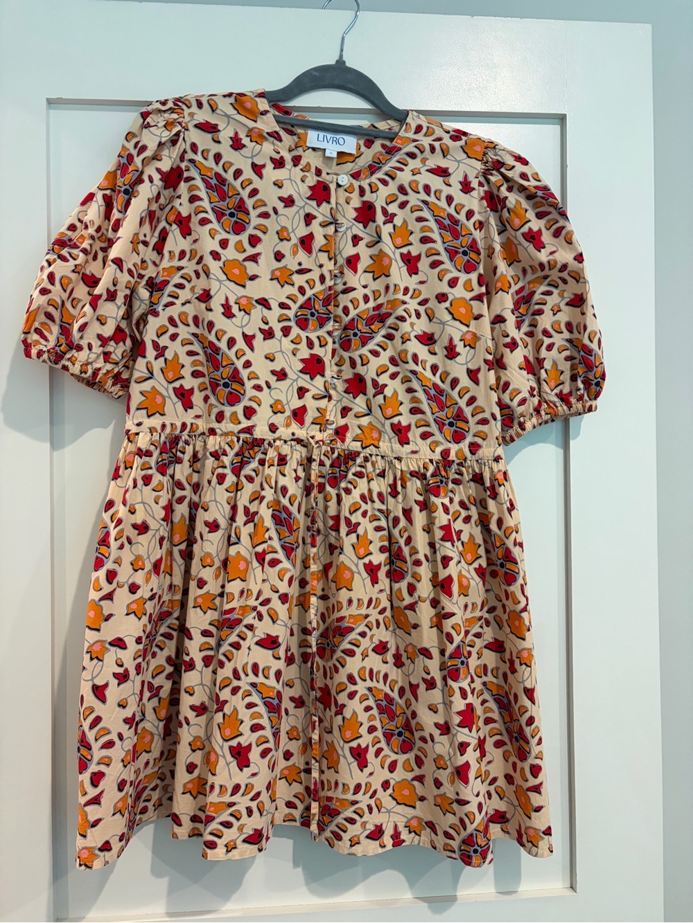 LIVRO Beige Floral Puff-Sleeve Mini Dress